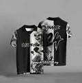 Black loose fit t-shirt with 3D digital printing, short sleeves, polyester fabric