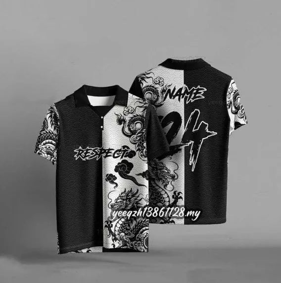 Black loose fit t-shirt with 3D digital printing, short sleeves, polyester fabric