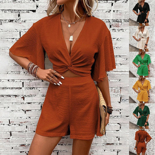 Women's V-neck ruffle sleeve top and shorts summer two-piece set in various colors