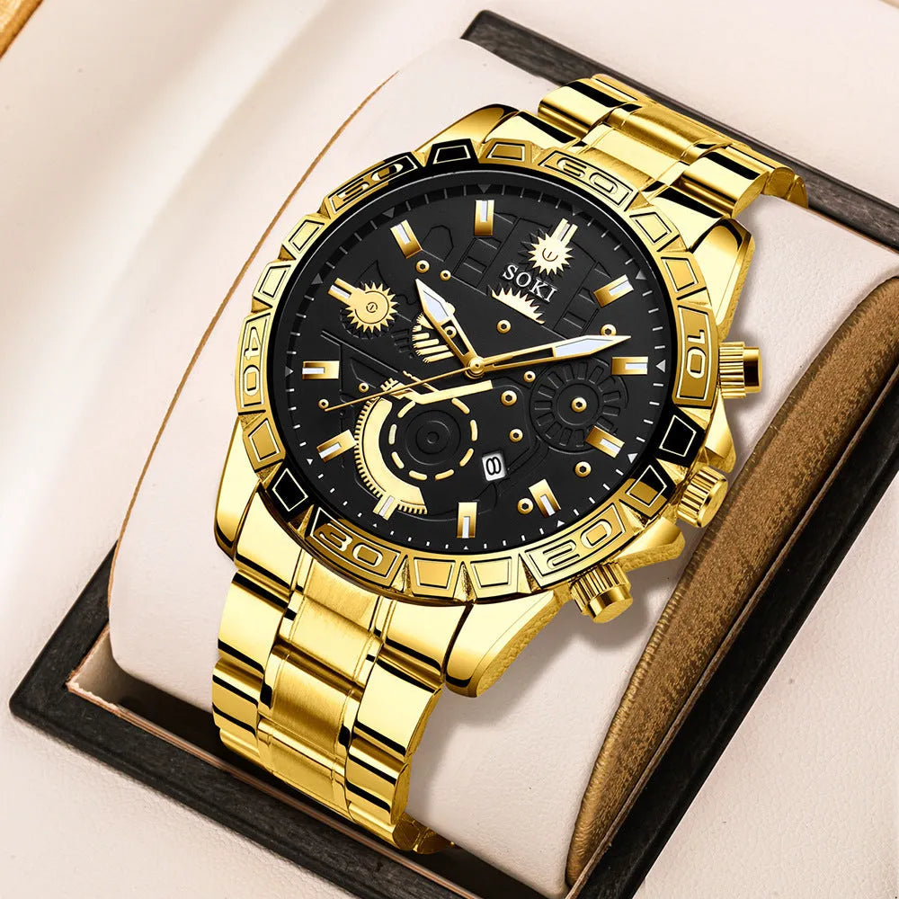 Men's gold-coloured stainless steel business watch with calendar on dial