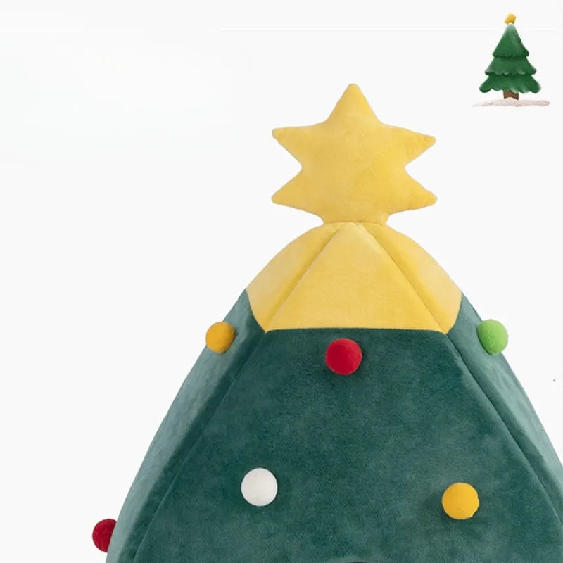 Christmas tree-shaped pet cave bed with plush fabric in three size options for cats and small dogs