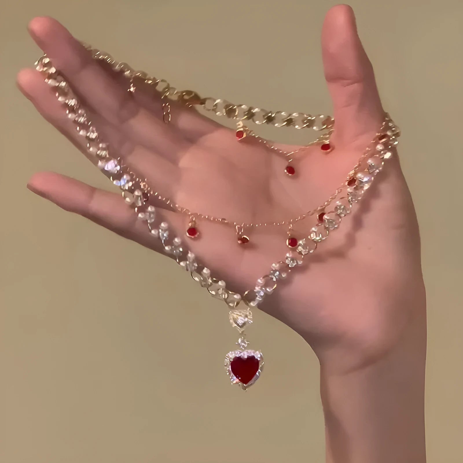 Red double layer necklace with heart pendant on adjustable alloy chain