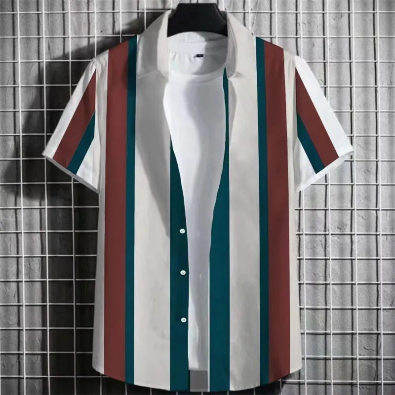 Linen men's short sleeve t-shirt with 3D printed striped pattern on a mannequin