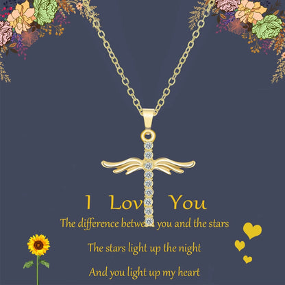 Angel Wings Cross Pendant Necklace with adjustable O-type stainless steel chain in silver and gold