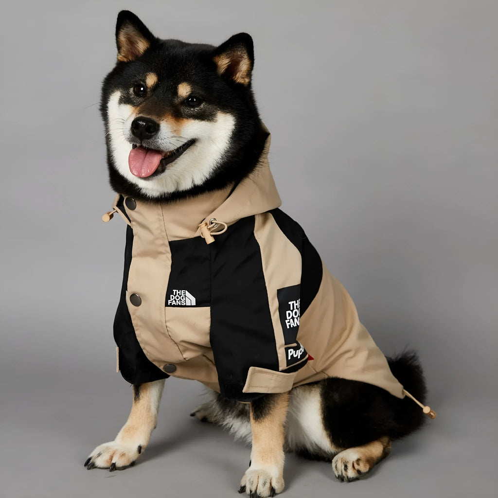 Khaki coloured polyester shell jacket for a dog, shown on a mannequin.