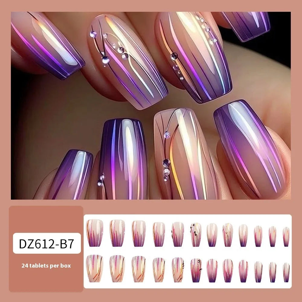 Magic purple gradient nail stickers with starry sky pattern, jelly glue, and 24 decals on a pink background.
