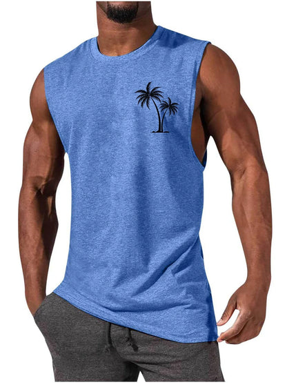 Tropical palm tree embroidered muscle tee in a variety of colors for an active, summer-inspired look