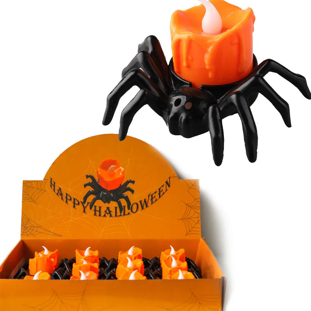 Halloween spider-back candle light ornament with plastic construction measuring 7 by 8.5 by 5 centimetres