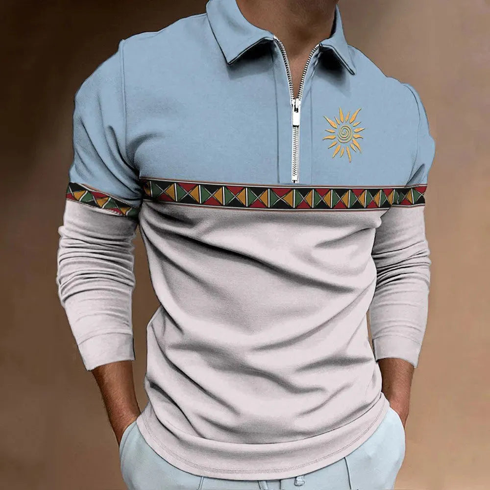 Men's retro colour print golf t-shirt with striped bird eye cloth fabric and zipper decorations