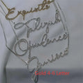 Stainless steel name necklace with diamond-studded letters on a chain, shown in silver, gold, and rose gold finishes.