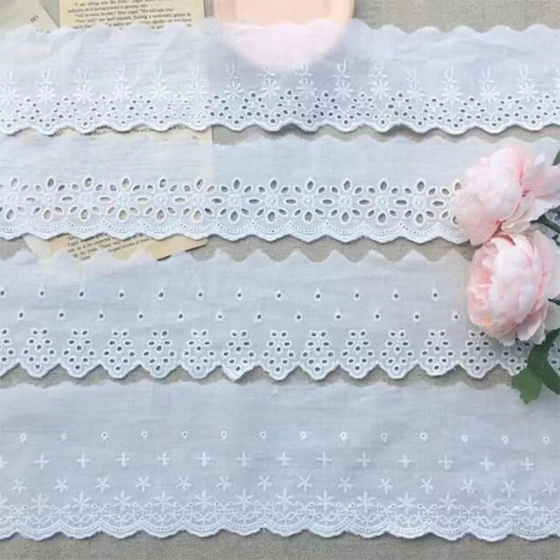 Embroidered cotton lace trim fabric in four different cutout styles for DIY clothing accessories