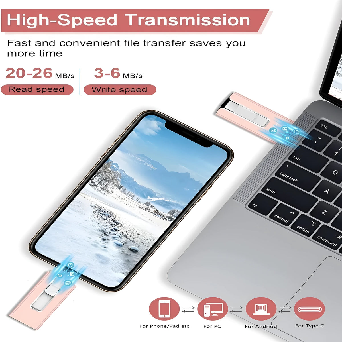 Multifunctional metal USB thumb drive with push-pull mechanism, Lightning and OTG connectors, in black