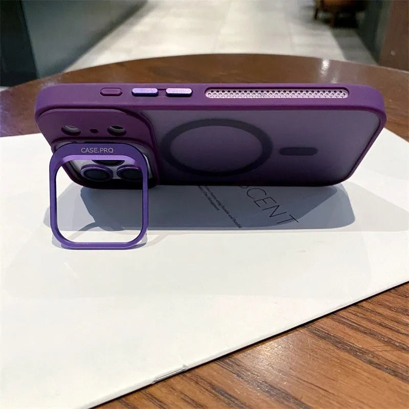 Titanium gray PC phone case for iPhone 17 with integrated lens cover and built-in stand