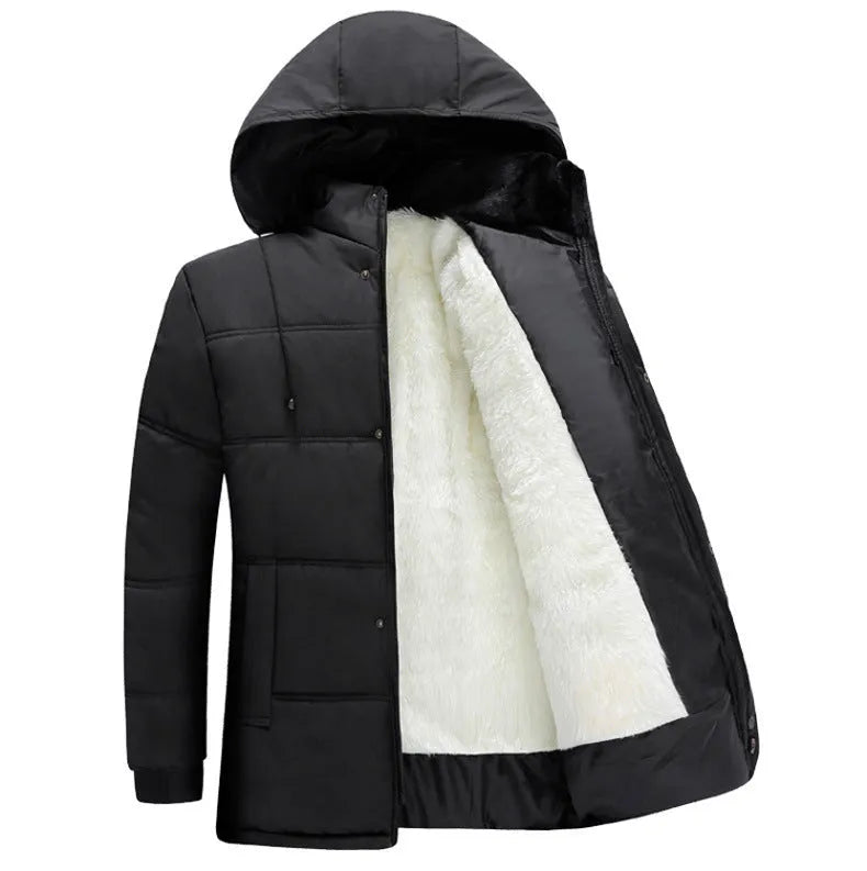 Winter cotton coat jacket for men in gray with detachable hat, loose fit, round hem, polyester fabric