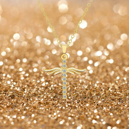 Elegant angel wings cross pendant necklace with adjustable snake-bone chain in gold and silver finishes