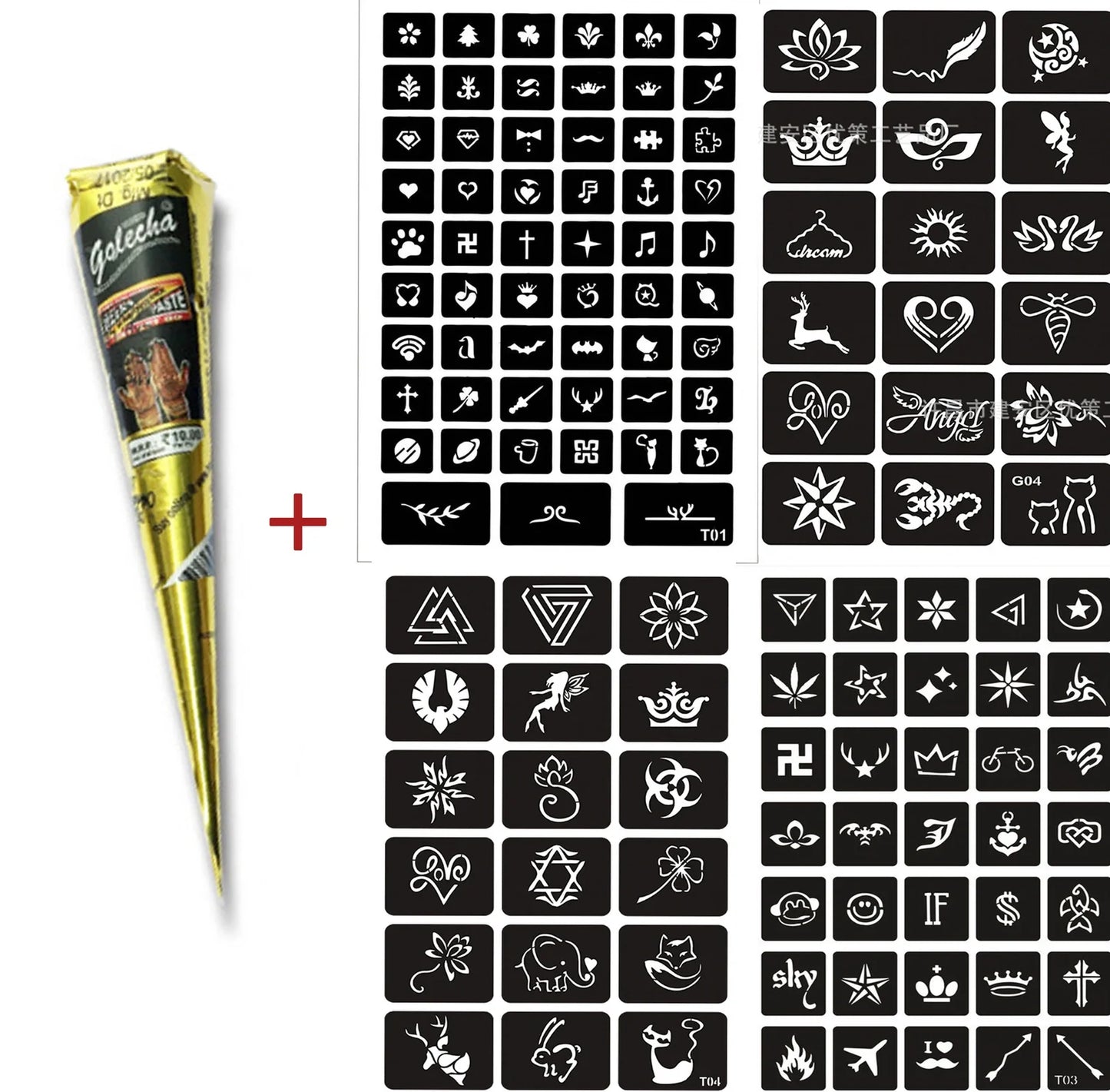 Authentic Indian henna tattoo cream set with 4 random design stickers and black cream tube with precision applicator