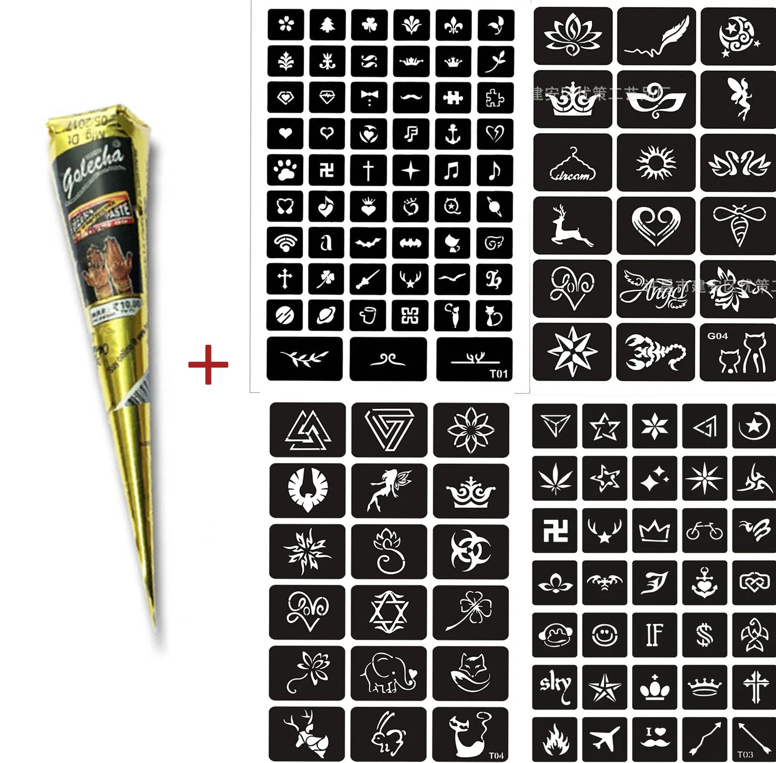 Authentic Indian henna tattoo cream set with 4 random design stickers and black cream tube with precision applicator
