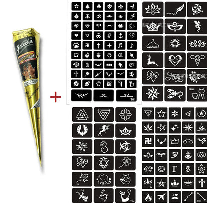 Authentic Indian henna tattoo cream set with 4 random design stickers and black cream tube with precision applicator