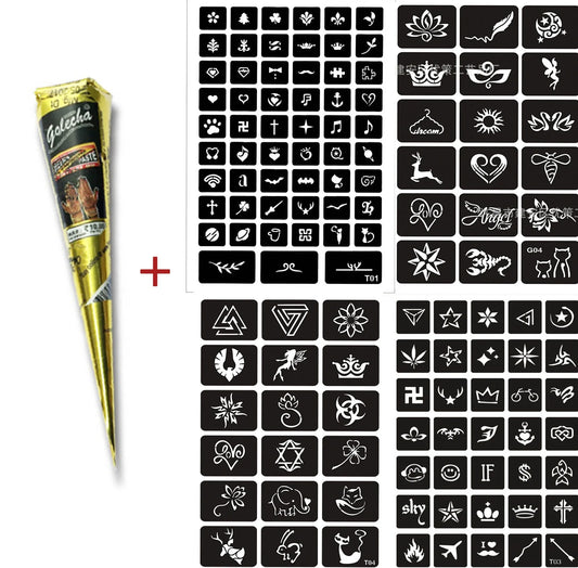 Authentic Indian henna tattoo cream set with 4 random design stickers and black cream tube with precision applicator