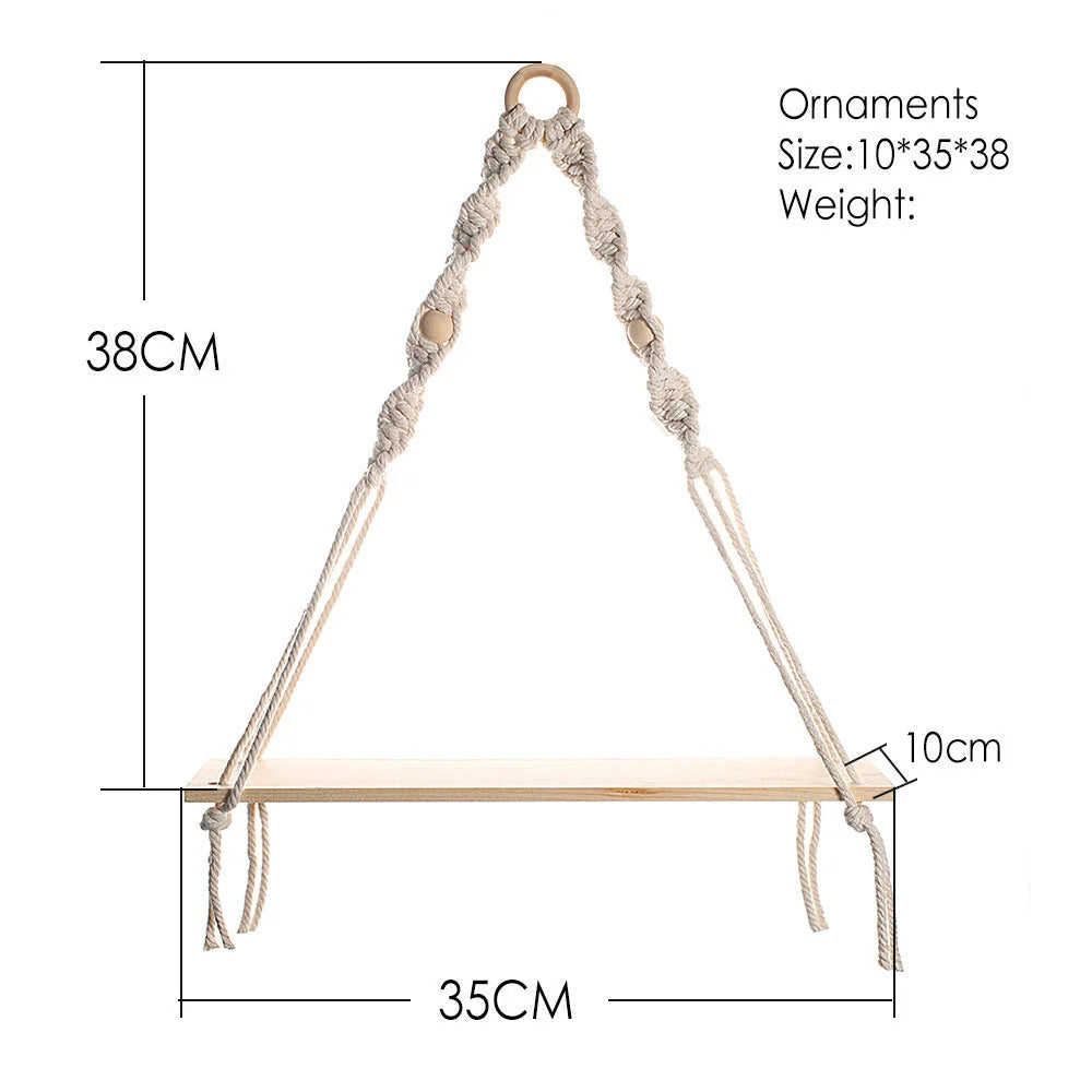 Hand-woven cotton tapestry wall decoration rack with wooden planks in rectangle shape