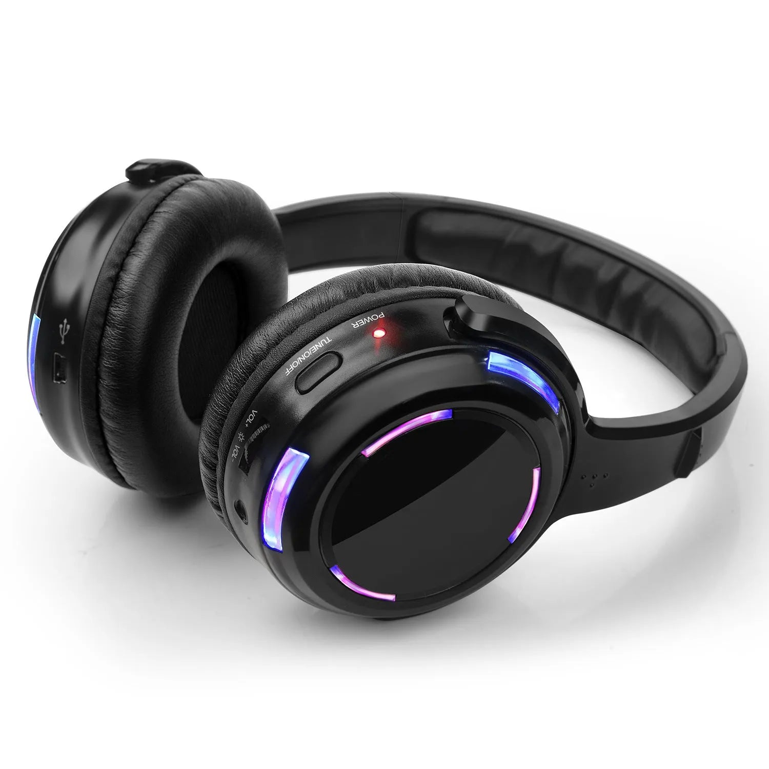 Black wireless silent disco headphones with head-mounted design and a 3.5mm plug