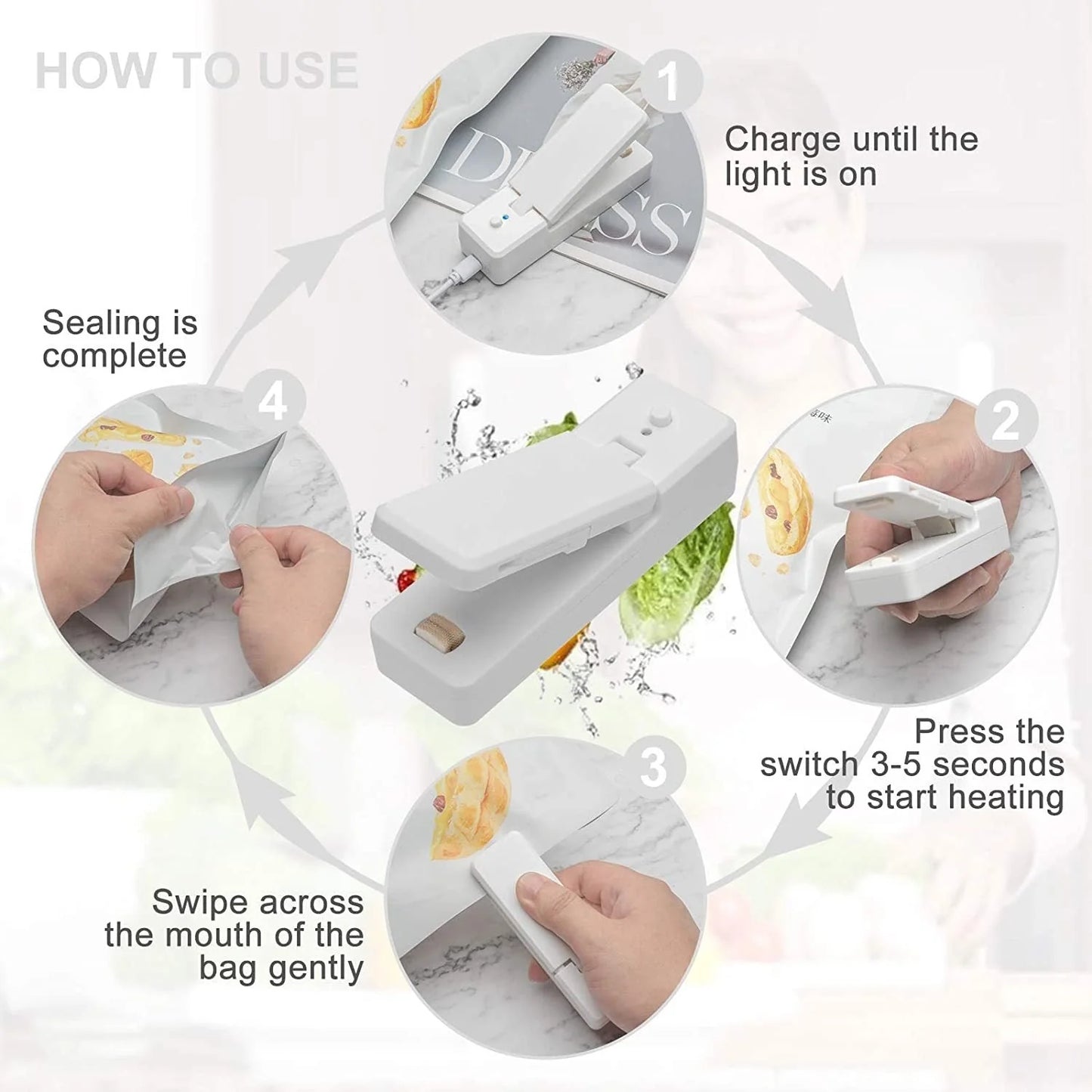 Portable ABS mini snack packaging bag heat sealing machine in white grey