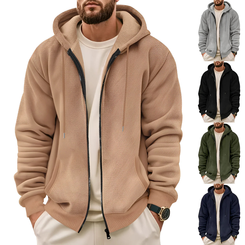 Men's fashion casual zippered hooded sweatshirt in gray, thickened fleece lining, full-zip cardigan style