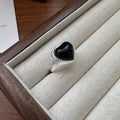 S925 sterling silver open mouth ring with black heart agate stone and adjustable design