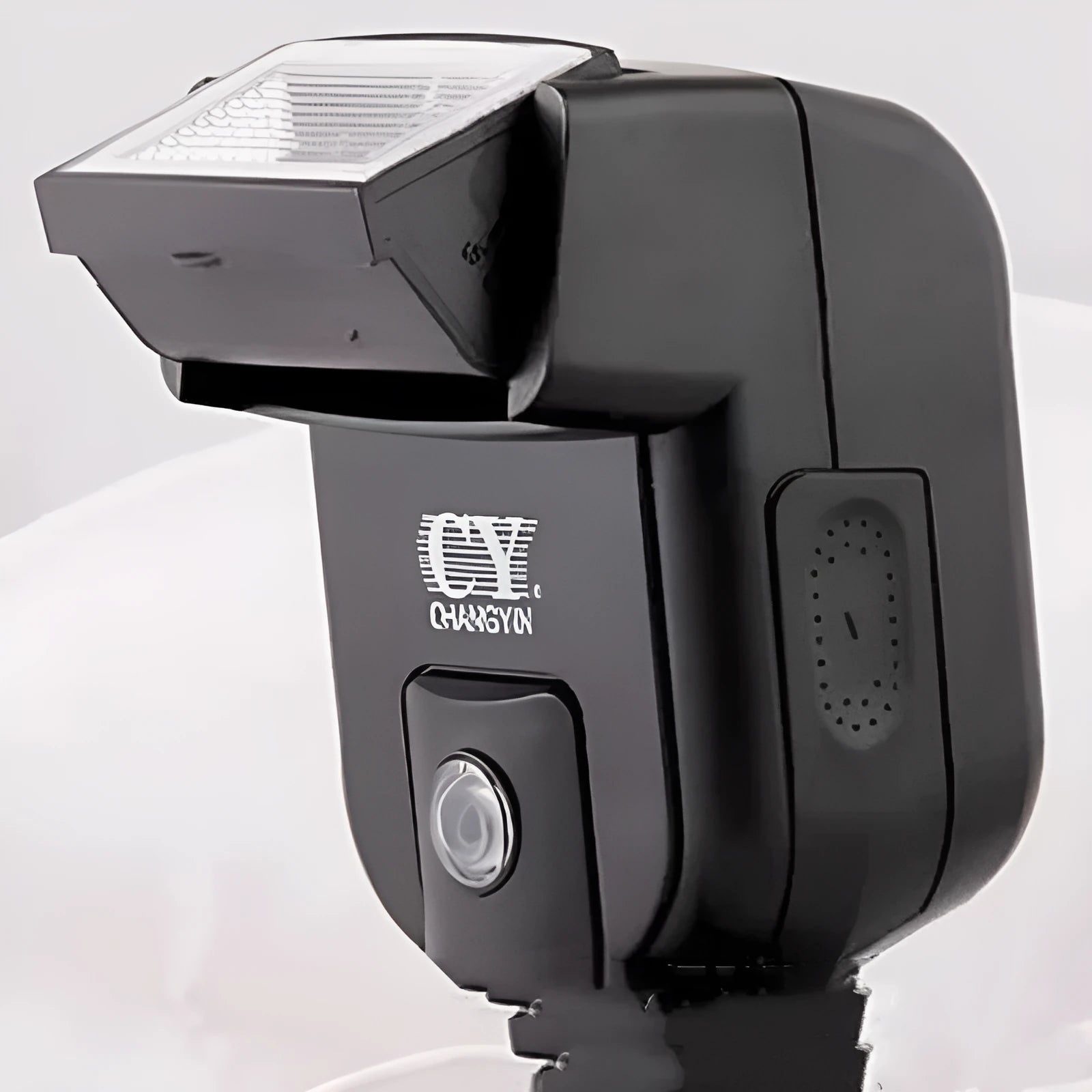 SLR camera flash accessory with adjustable 90-degree head showing compact 65x60x98mm dimensions