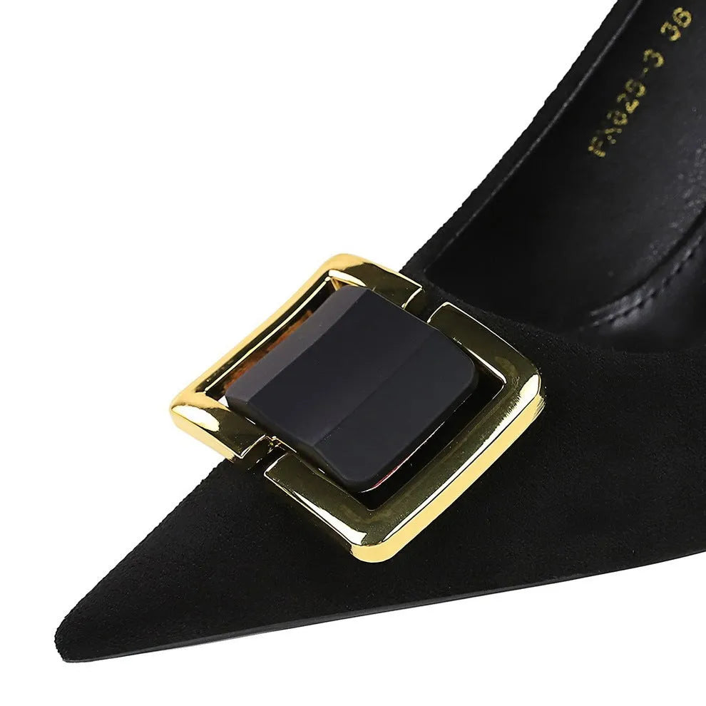 Black suede women's stiletto high heel shoes with a pointed toe and a 9cm heel.
