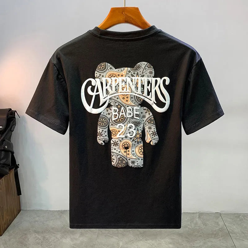 Men's casual jacket with graphic design in black or white colour options showing loose fit and Asian sizing