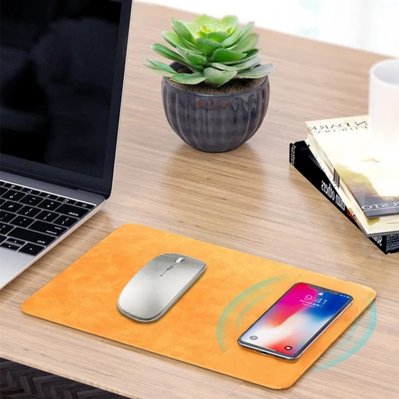 Brown leather-texture wireless charging mouse pad with micro USB cable for Qi-enabled devices.