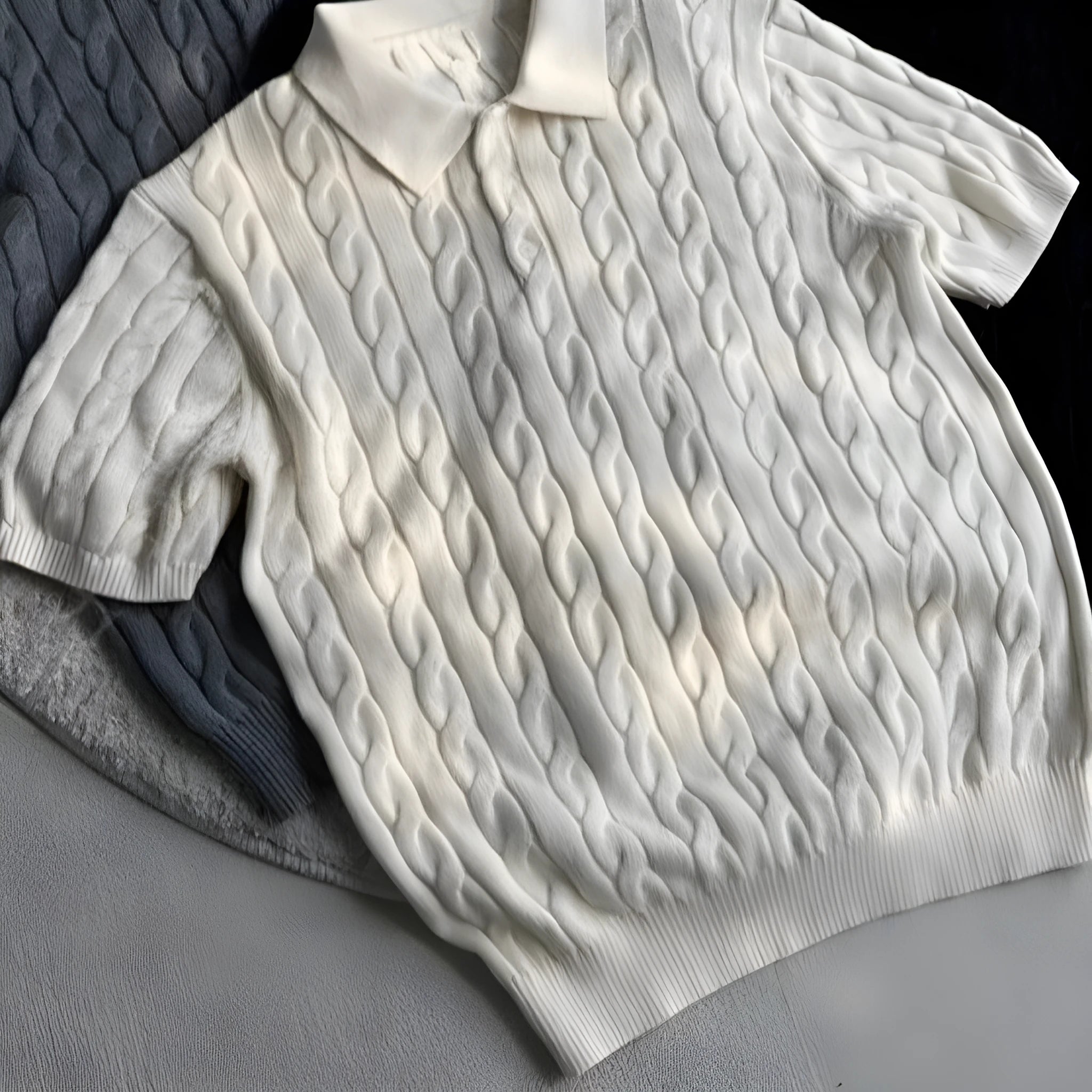 Man wearing a light grey twisted knit short sleeve casual t-shirt