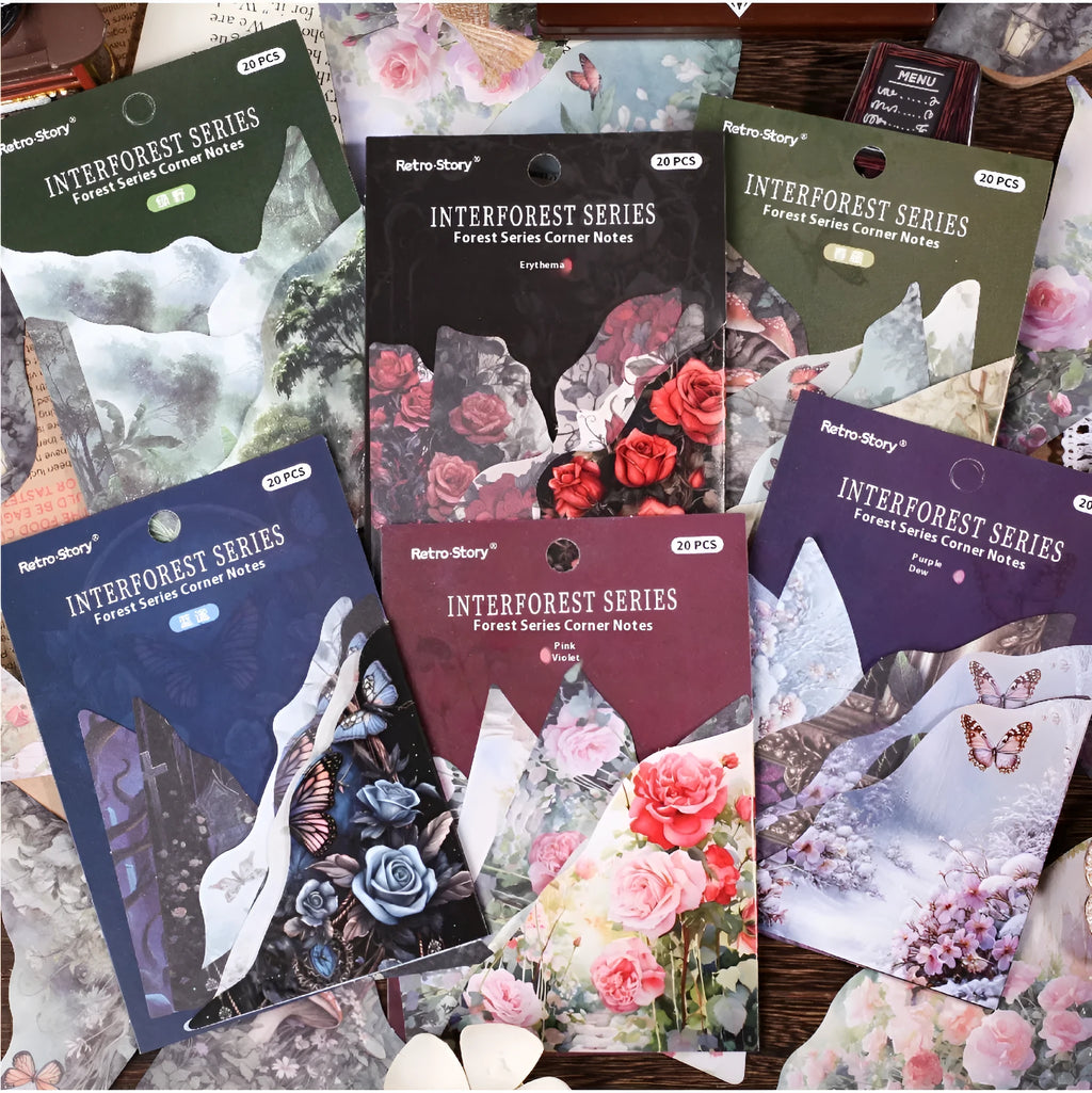 Pack of printed paper notecards in six colours showing spring vine, pink plum, red rose, blue, green wild, and purple dew designs.