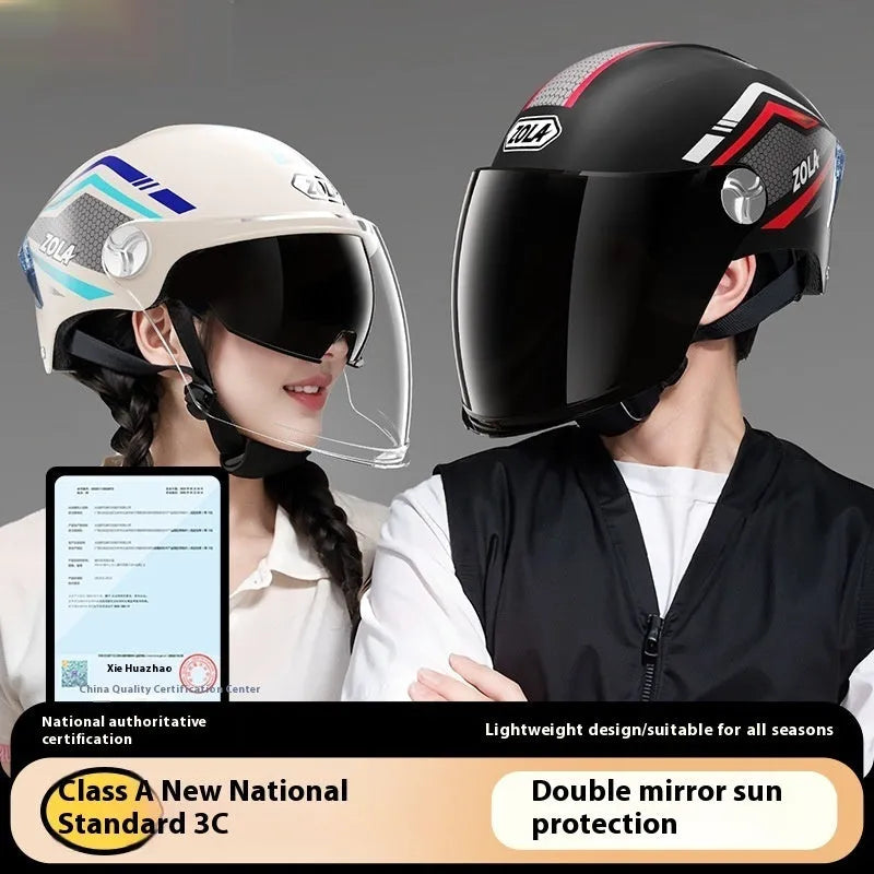 A child's 3C safety-rated half helmet for battery motorcycles, shown in a light brown double mirror colour variant.
