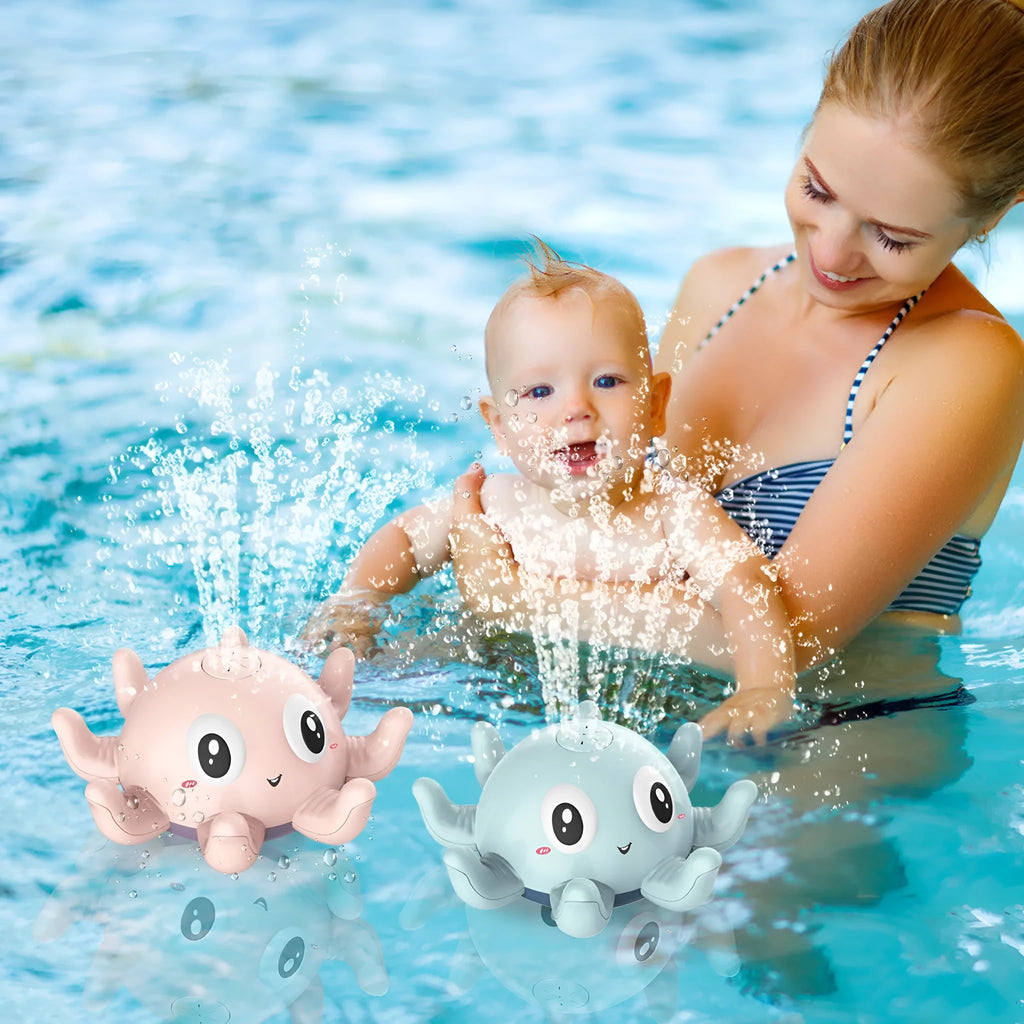 Blue or pink automatic spraying octopus bath toy with flashing lights for children's bathtub and pool play.
