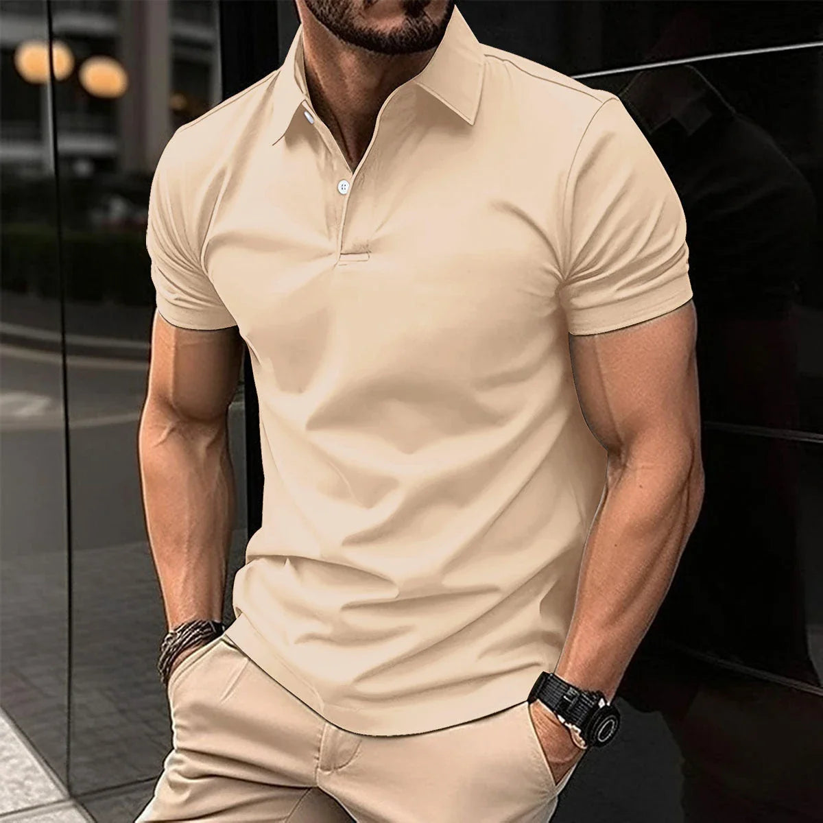 Men's short sleeve cotton polo shirt in a variety of classic colors and sizes