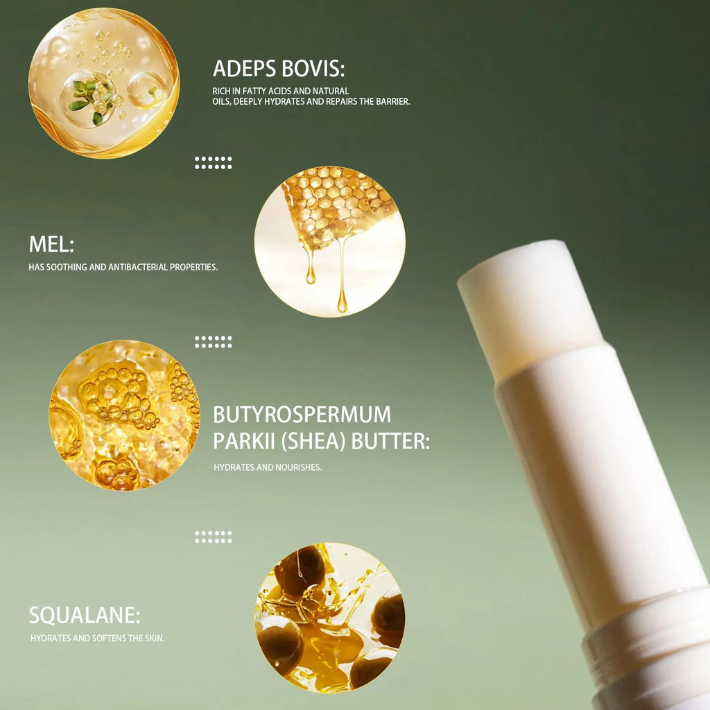 Refillable tallow lip balm stick in tin container showing 83mm length