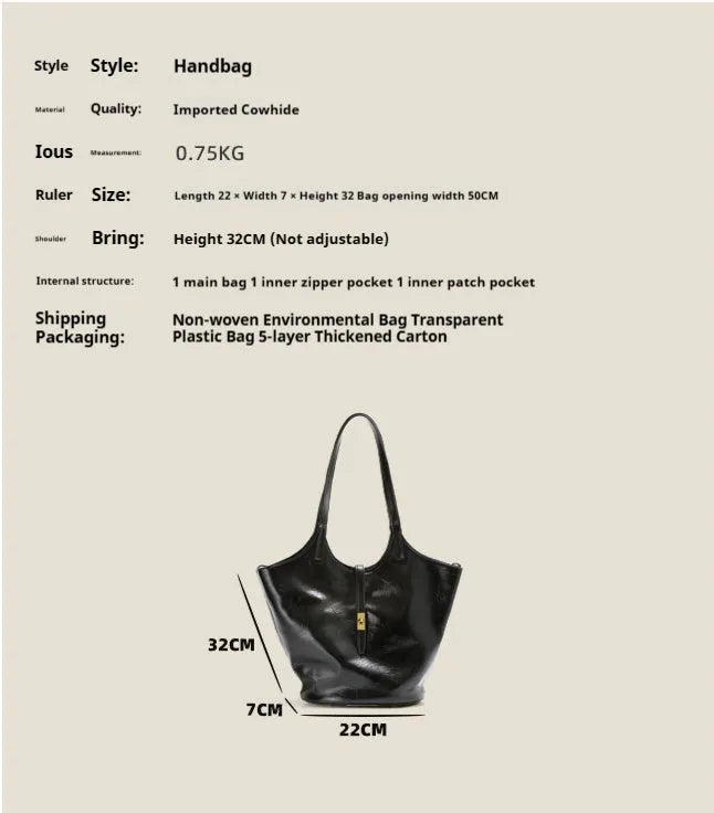 Black genuine leather bucket bag with sewing thread detail and single shoulder strap