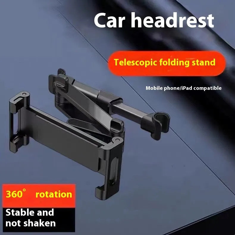 Car back seat mobile phone and tablet mounting stand in black with lace design, showing device in horizontal orientation