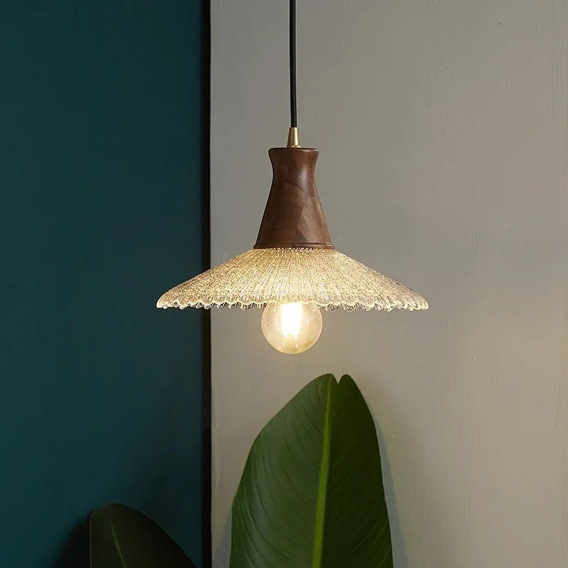 Retro brass and glass woodcraft chandelier ceiling lamp shown in three available sizes.