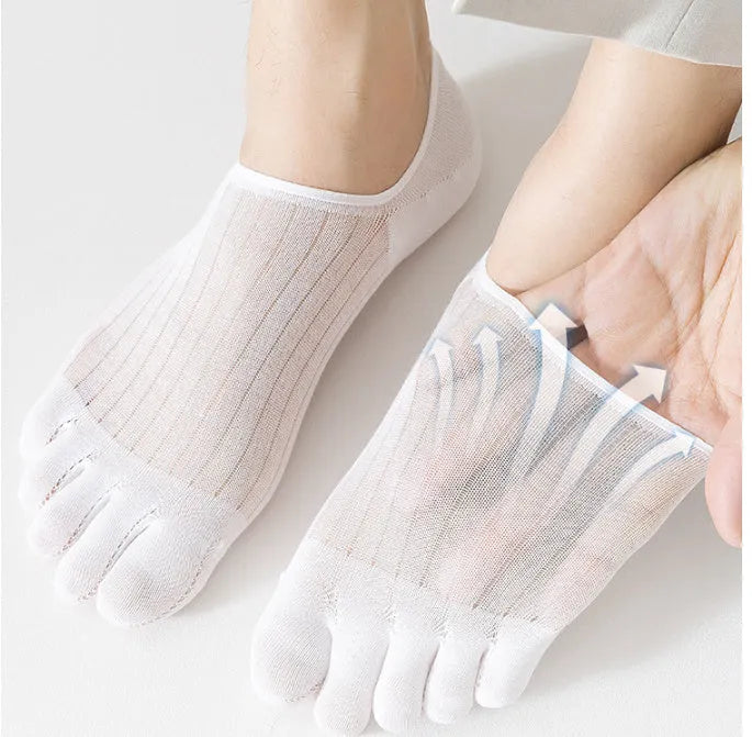 Modal cotton five-finger boat socks in black colour showing ultra-thin construction and toe separation.