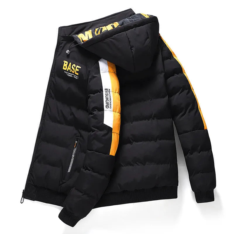 Men's winter thickened coat jacket with detachable collar and hood in solid black colour, regular fit, size M to 5XL