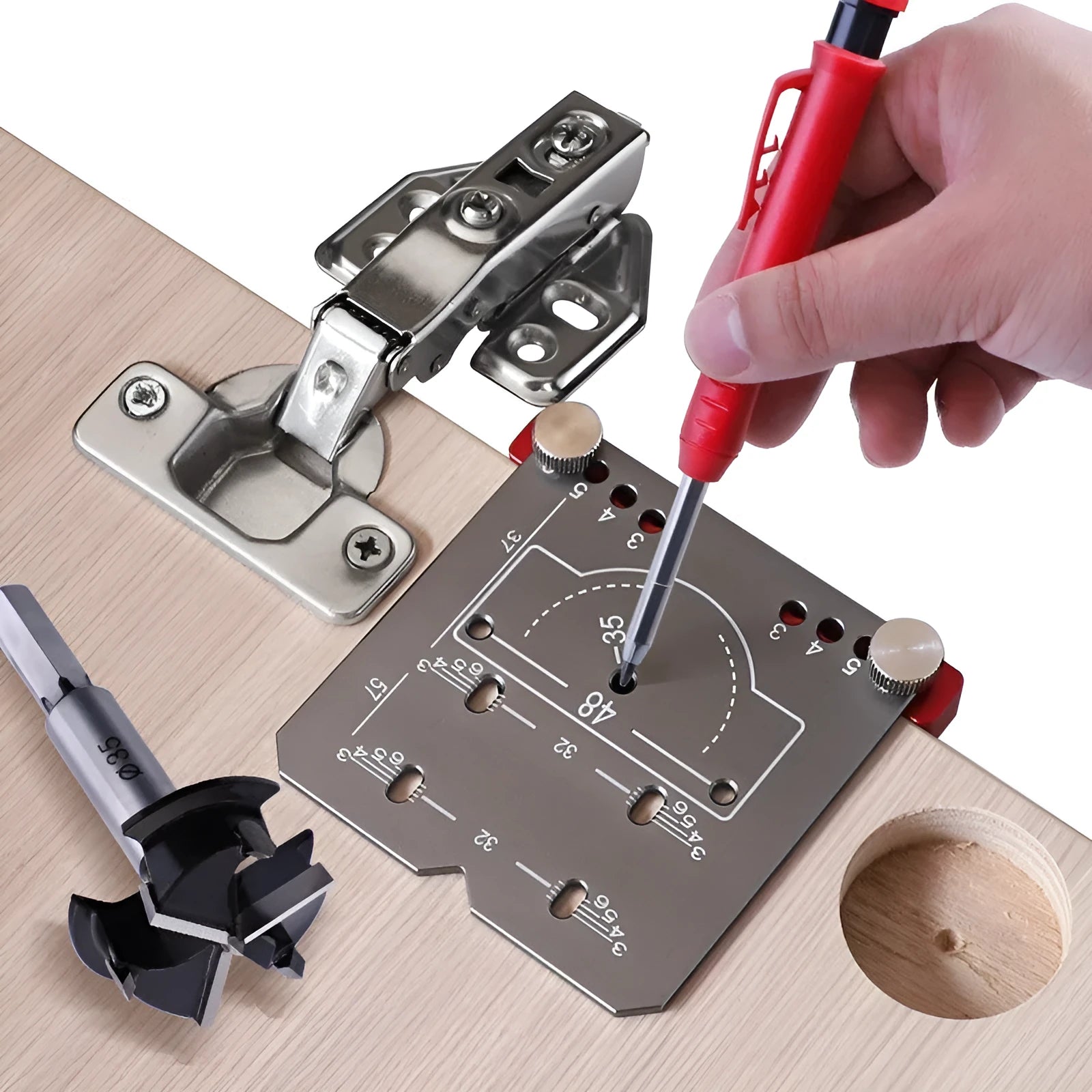 Red aluminium hinge locating ruler tool with adjustable gauge and hard alloy tapper blade for 35mm cabinet hinges.