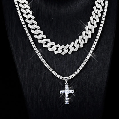 Zircon cross pendant necklace with Miami curb Cuban chain in gold and silver
