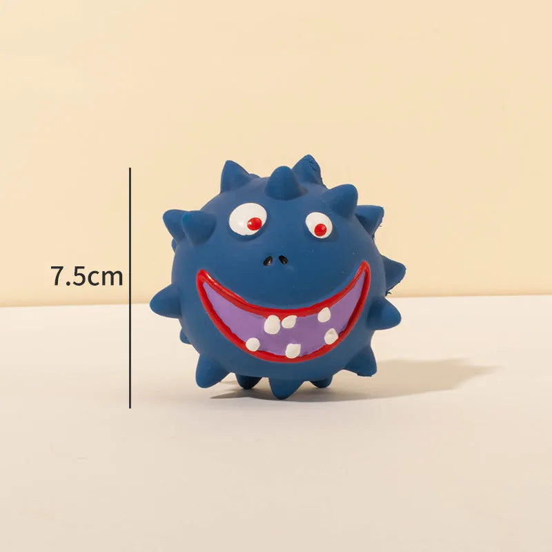 Colourful natural latex squeaky dog ball with cute face and textured surface for teeth cleaning.