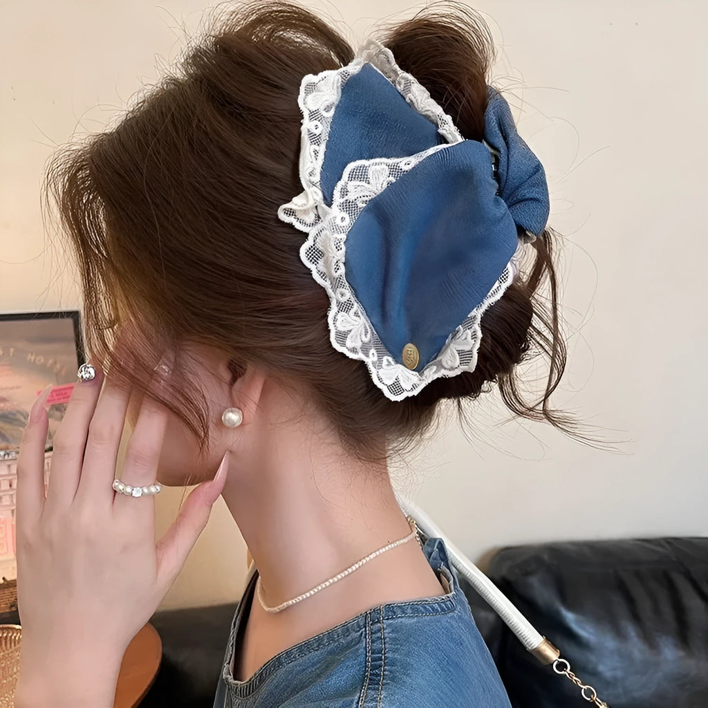 Handmade denim fabric bow hair clip with acrylic triangle decoration and plastic grip