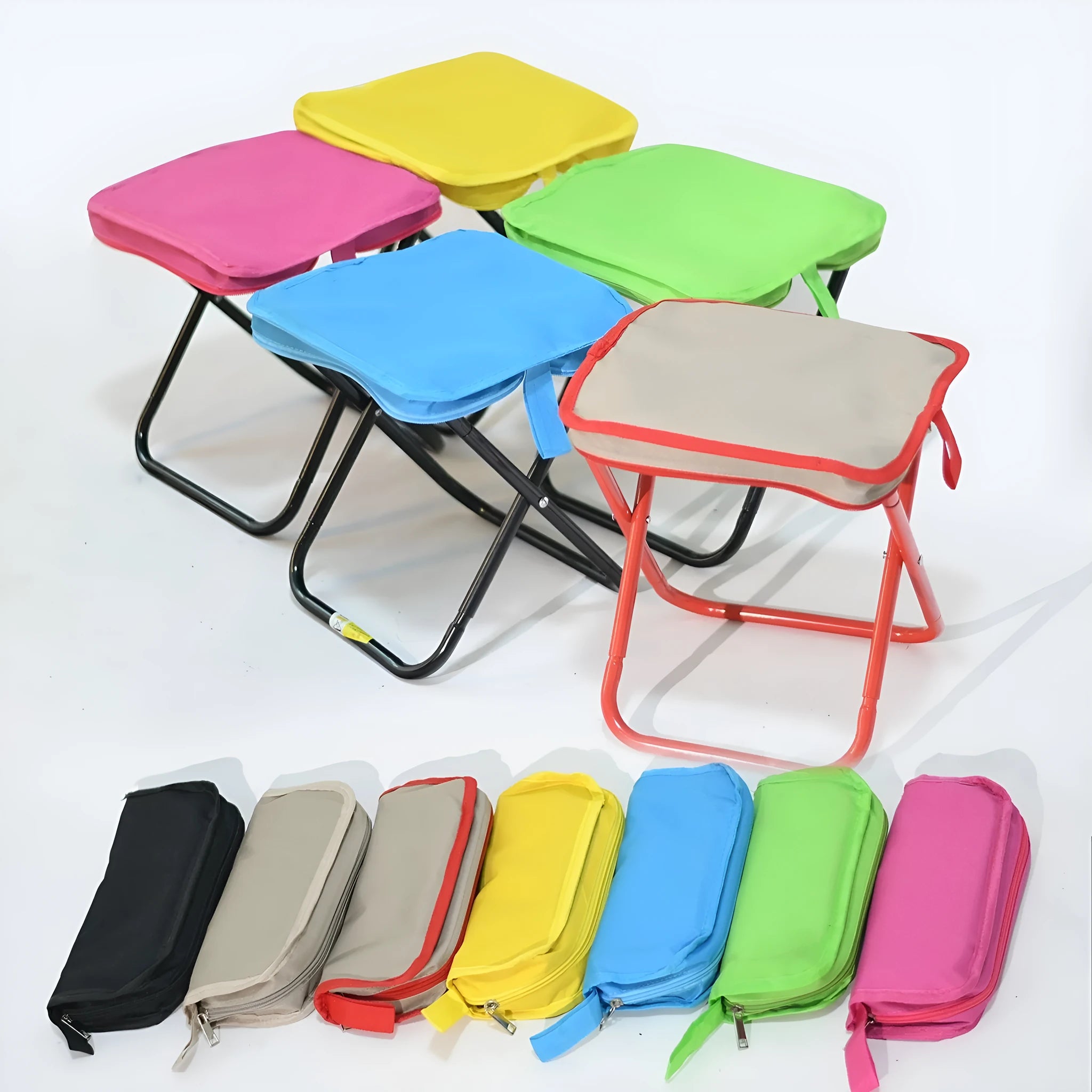 Lightweight foldable camp chair stool in oxford cloth shown in khaki colour, folded compactly.