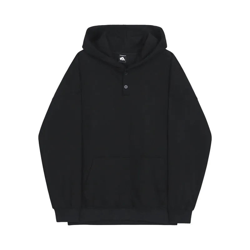 Men's hooded cotton sweatshirt black loose fit with button detail and hidden pocket