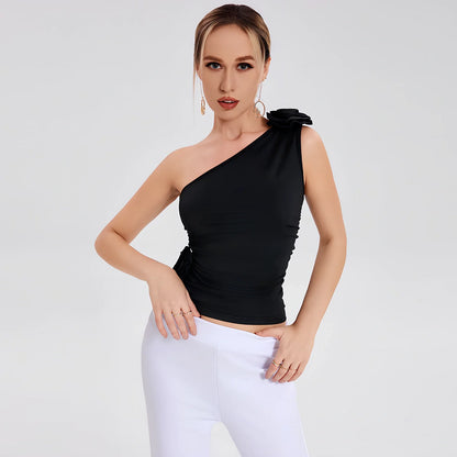 Black one-shoulder pleated flaperon vest top with three-dimensional rose detail, 25cm length size S, 95% polyester stretch fabric